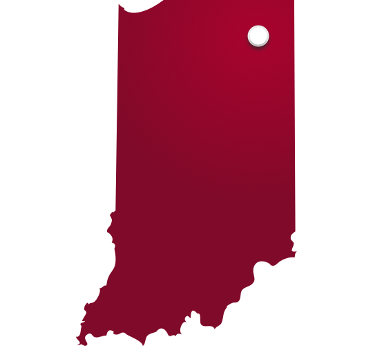 State of Indiana in red with white circle pin on Avilla, Indiana.