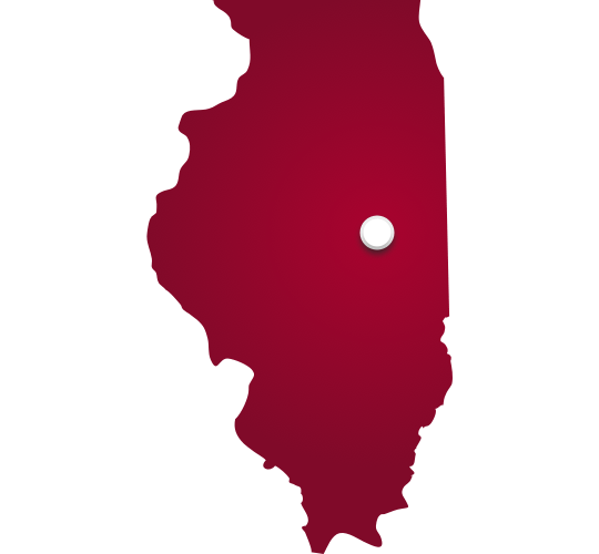 State of Illnois in red with white circle pin on Champaign, Illinois.