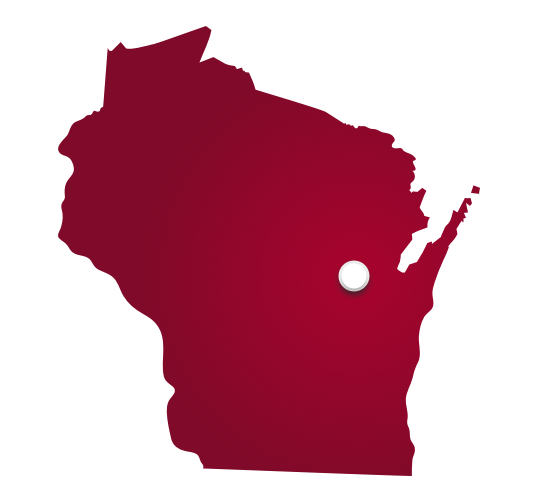 State of Wisconsin in red with white circle pin on Waupaca, Wisconsin.